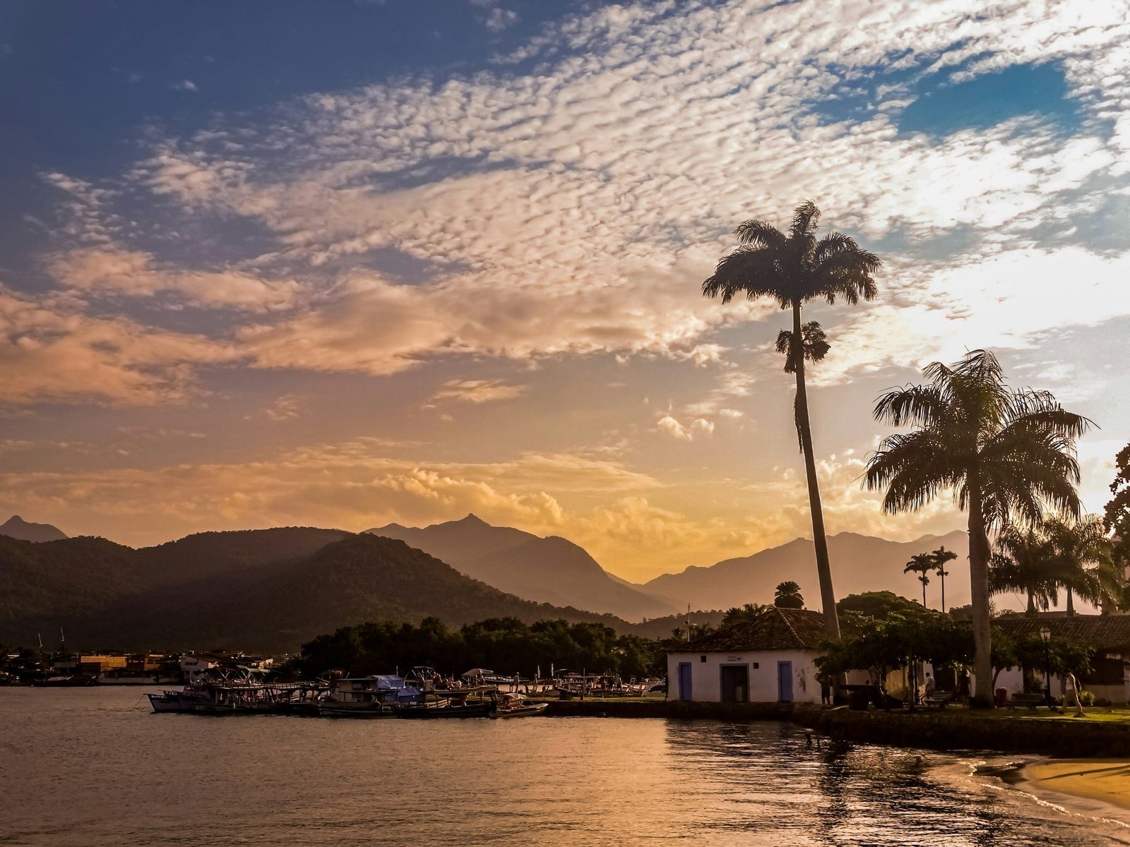 Silhouetted royal palms and a low white building on a bay shore, with mountains behind and an orange sky of broken cloud