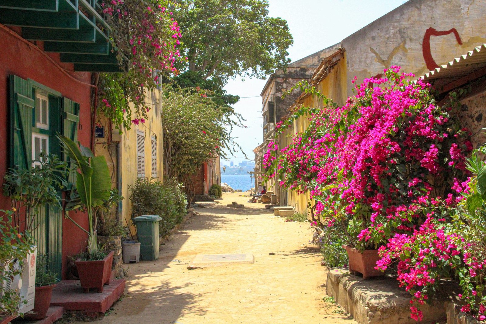 Pink bougainvillea spills over walls along a sandy lane of red and yellow houses with the sea at the end