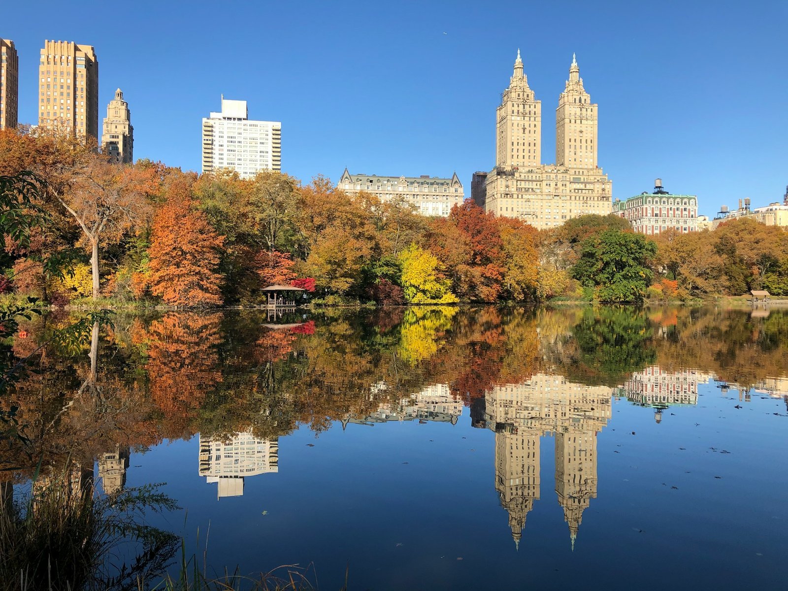 Autumn trees and the San Remo towers reflected in a still lake