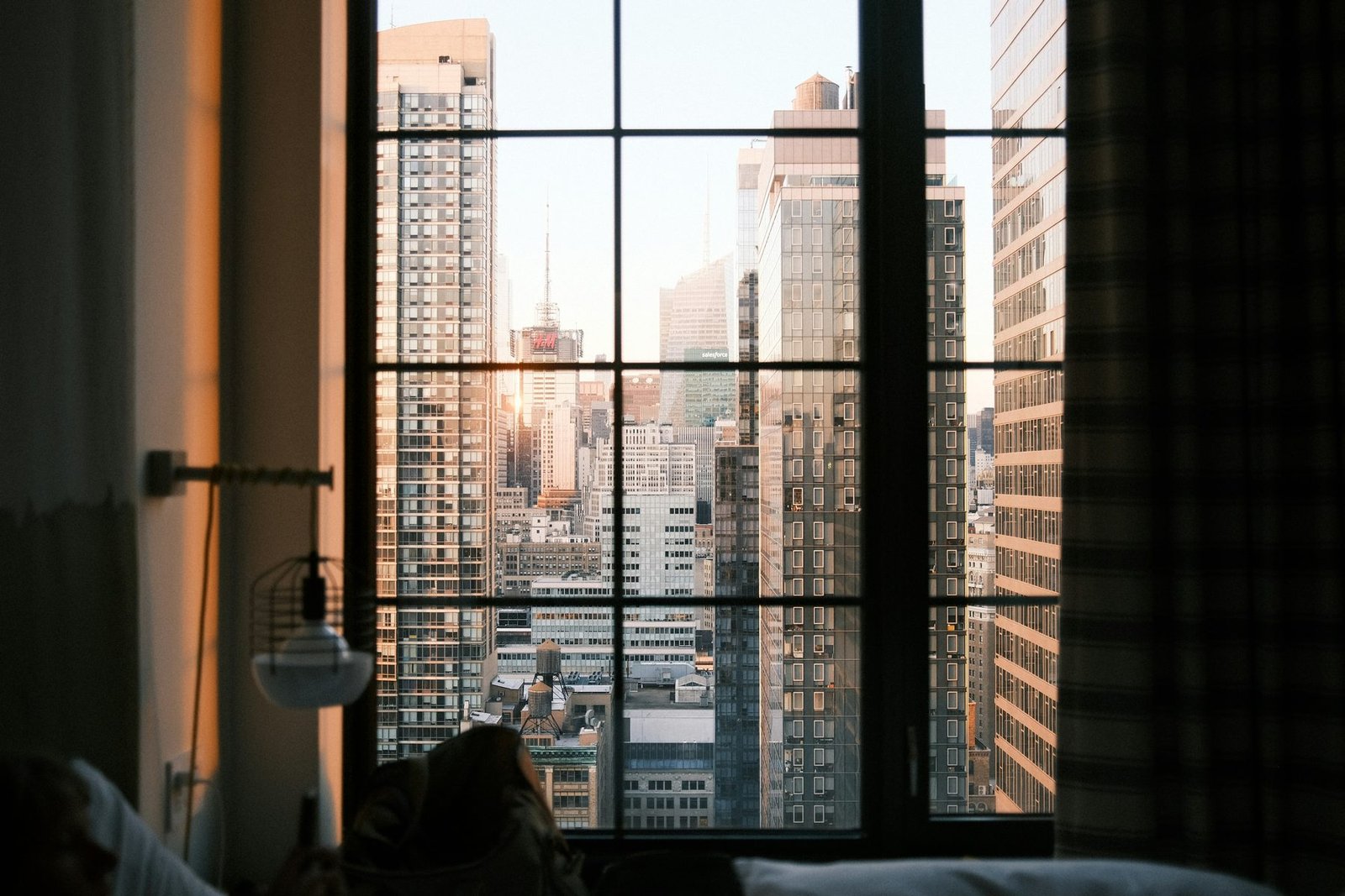 Midtown towers through a hotel room window