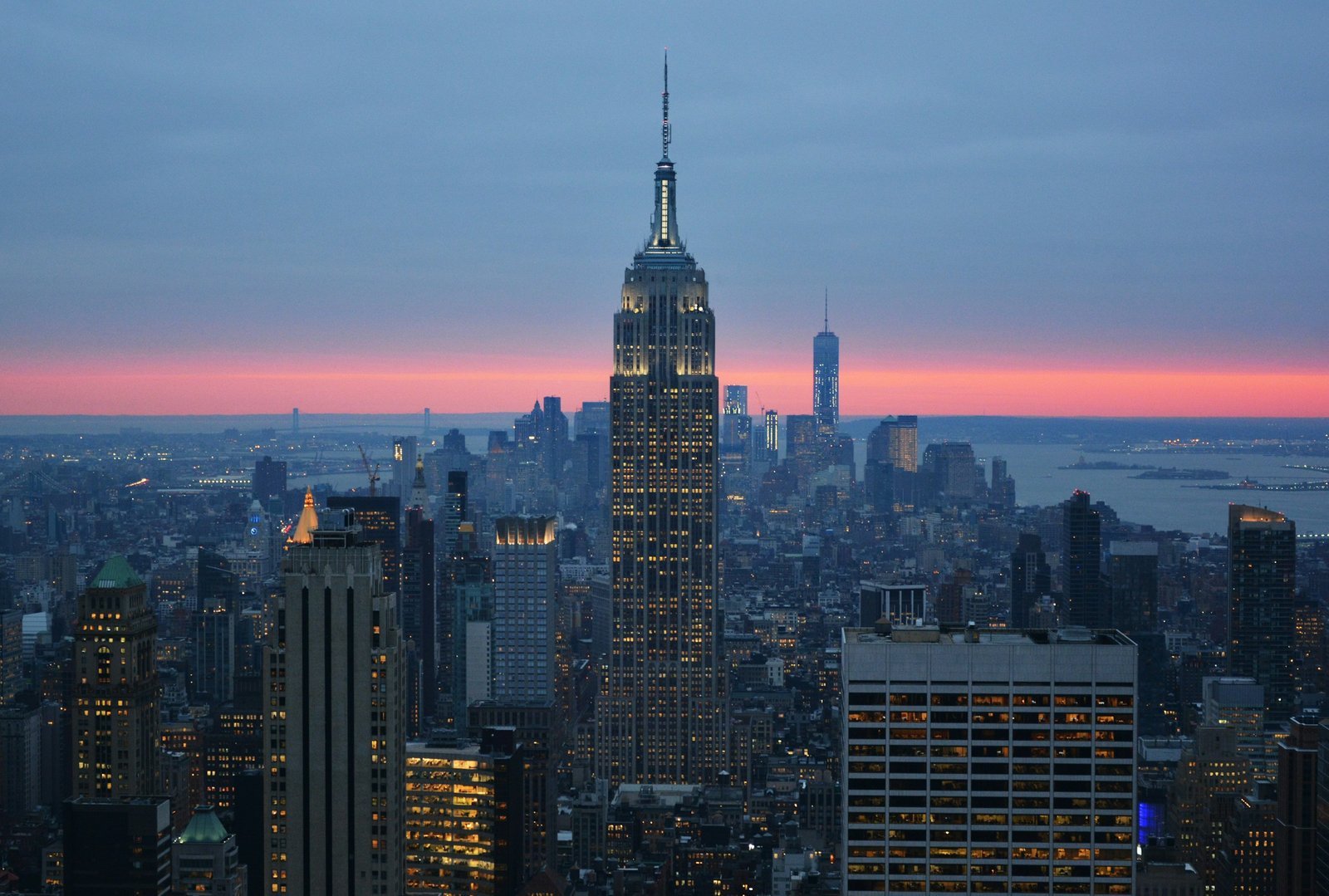 Midtown towers against a pink band of dusk