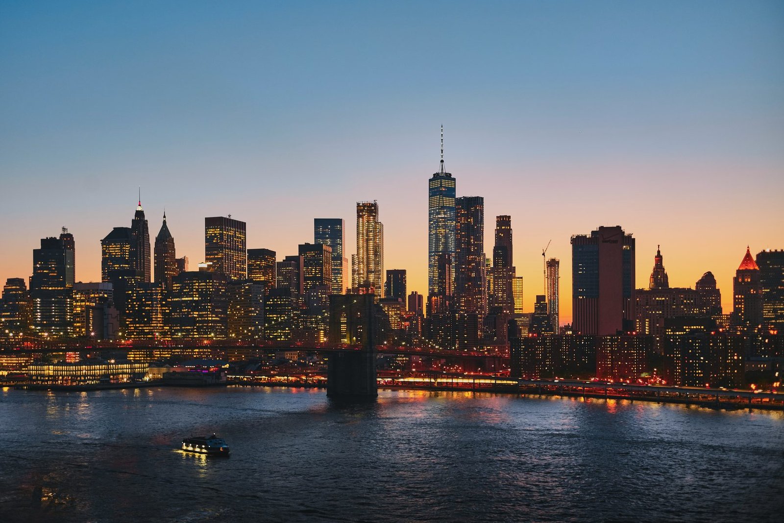 The Lower Manhattan skyline at dusk