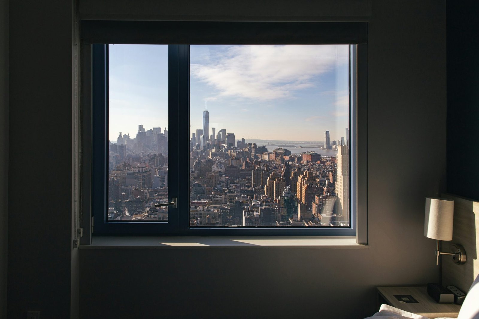 Lower Manhattan through a hotel room window