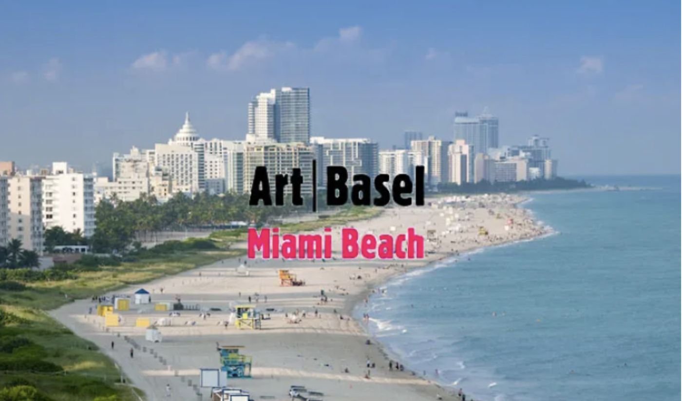 The shoreline of Miami Beach with the Art Basel Miami Beach wordmark